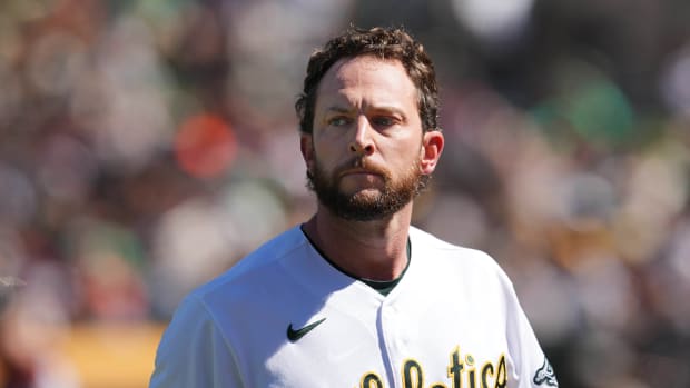Athletics designated hitter Jed Lowrie (8) during the eighth inning against the Giants at RingCentral Coliseum.